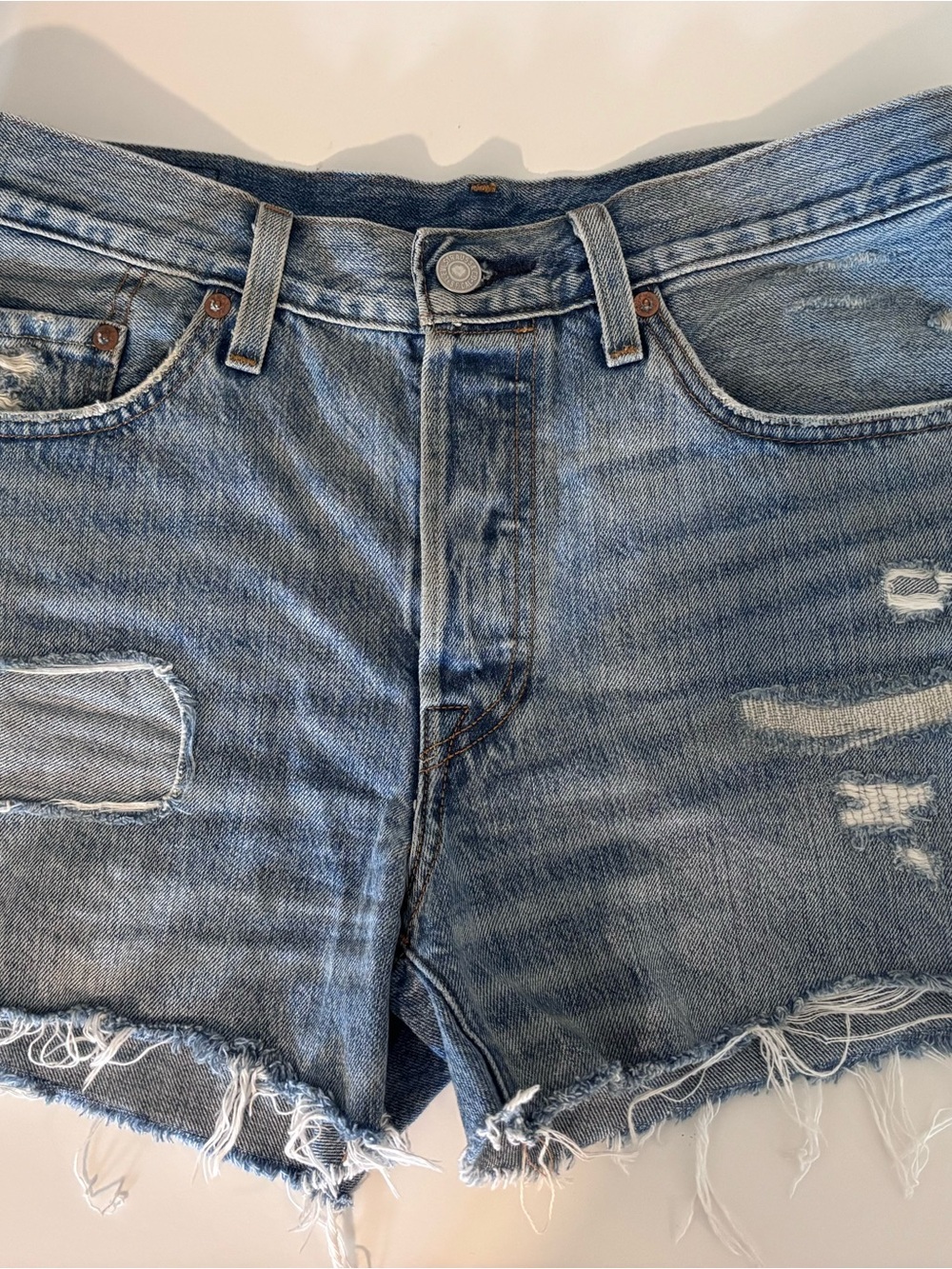 Levi 501s Faded Blue Distressed Women's Denim Shorts Mid-Length